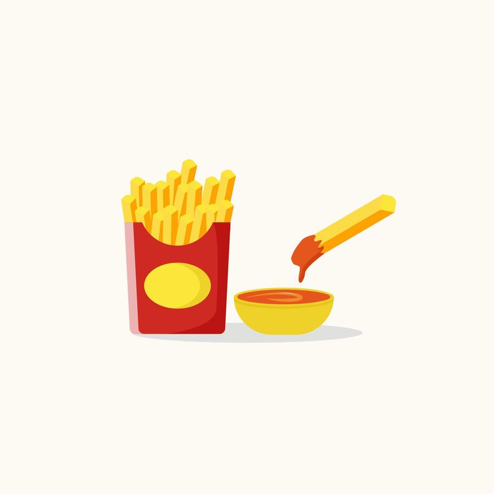 Pommes Frites mit Soße in der Tasse. flacher Designstil des Pommes-Fritesvektors. eingetauchte kartoffeln zur saucenillustration vektor