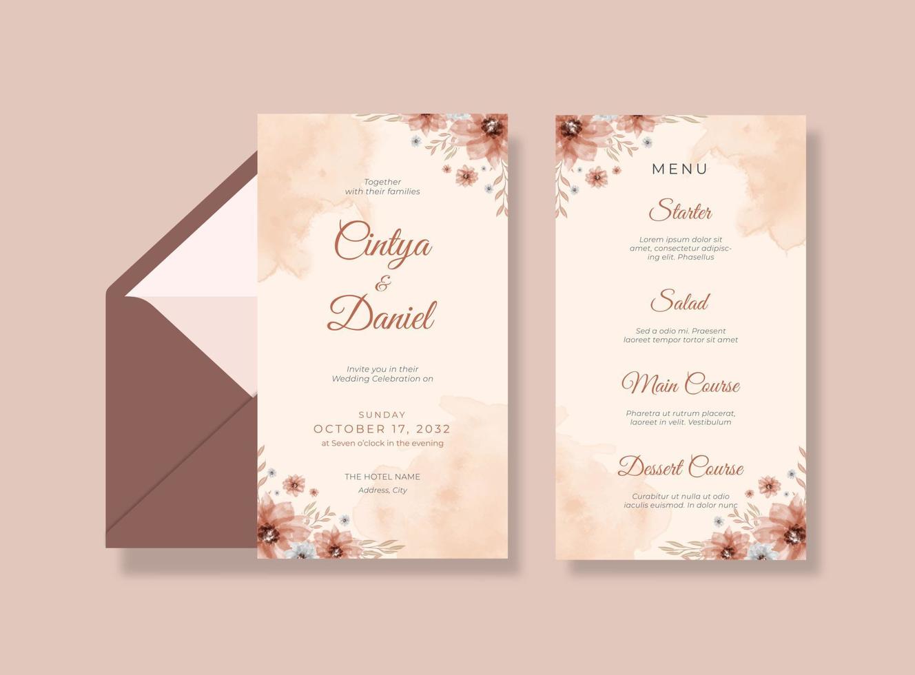 rustikale Hochzeitskarte mit schönen Blumen im Boho-Stil vektor