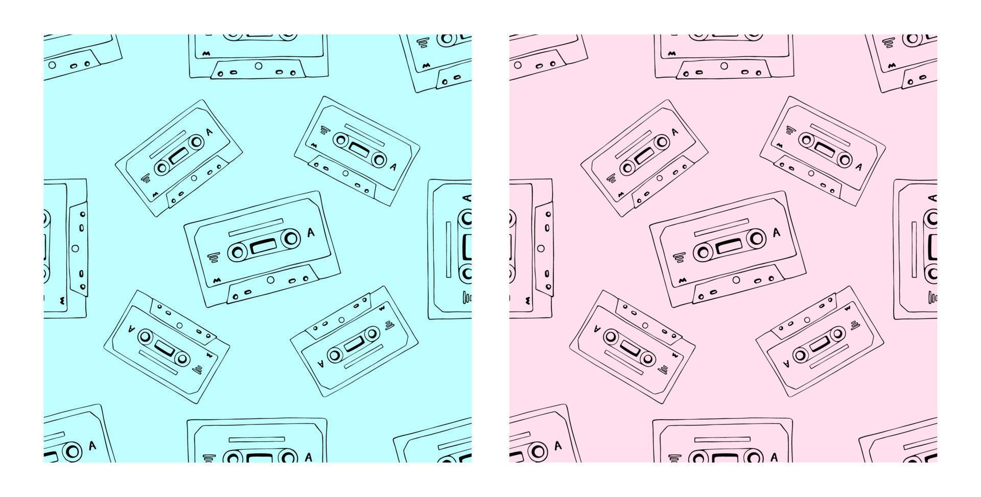 handgezeichnete kassette und mixtape nahtloses muster, blauer und rosa cartoon-doodle-hintergrundsatz für musiktechnologie oder audiogeräte vektor
