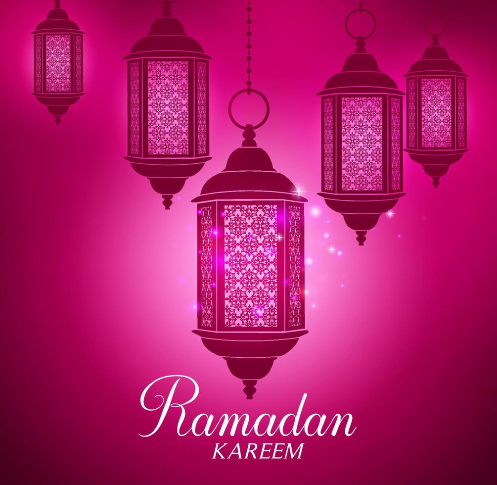 Vektor-Laternen-Hintergrund-Silhouette in leuchtenden Lichtern im Dunkeln mit Ramadan-Kareem-Grüßen. vektor