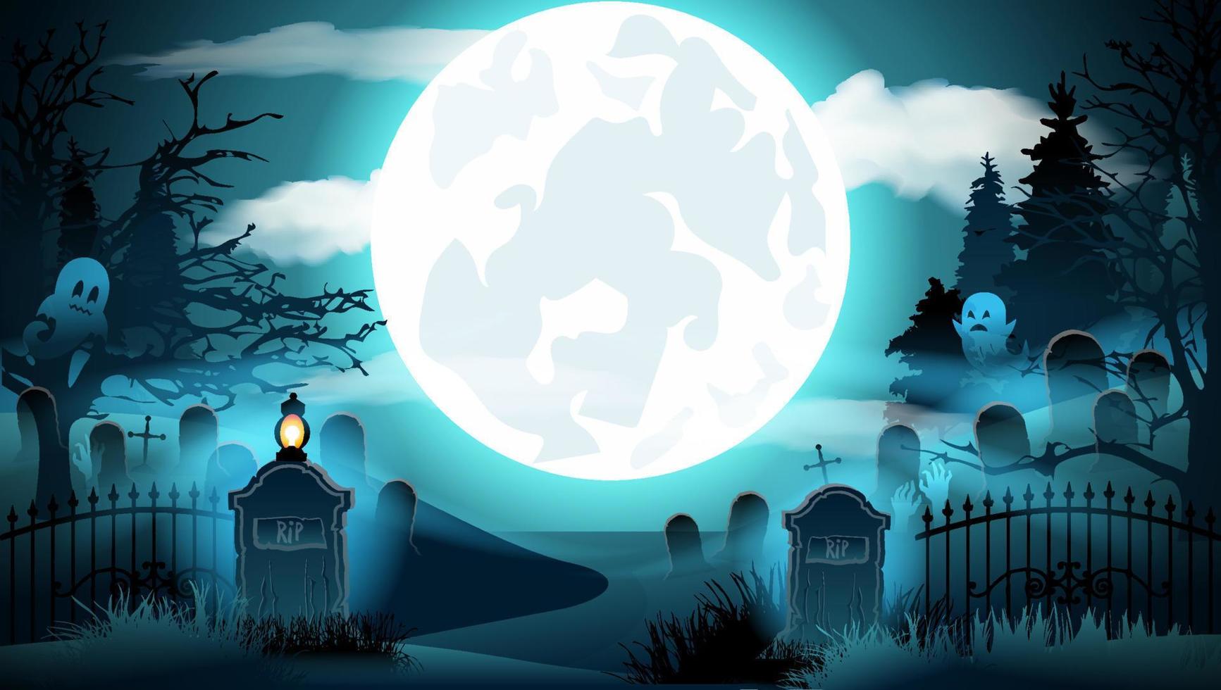 Fröhlicher Halloween-Party-Flachbanner-Vektorhintergrund. oktober feiertagsereignis einladungskartenentwurfslayout. Gruseliger, gruseliger Cartoon-Hintergrund mit Mond und Friedhof. horizontales Halloween-Poster vektor