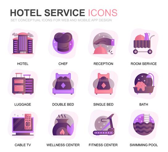 Modernes Set Hotel Services Farbverlaufs-Icons für Website und Mobile Apps. Enthält Symbole wie Gepäck, Rezeption, Zimmerservice, Fitnesscenter. Konzeptionelle Farbe flach Symbol. Vektor-Piktogramm-Pack vektor