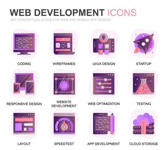 Modernes Set-Webdesign und -entwicklung Farbverlaufs-Icons für Websites und mobile Apps. Enthält Symbole wie Codierung, App-Entwicklung und Benutzerfreundlichkeit. Konzeptionelle Farbe flach Symbol. Vektor-Piktogramm-Pack vektor