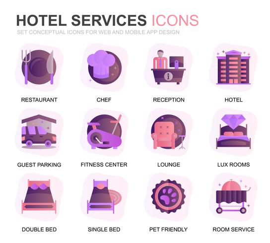 Modern Set Hotel Service Gradient Flat Ikoner för Webbsida och Mobila Appar. Innehåller sådana ikoner som restaurang, rumservice, mottagning. Konceptuell färg plattikon. Vektor piktogram pack.