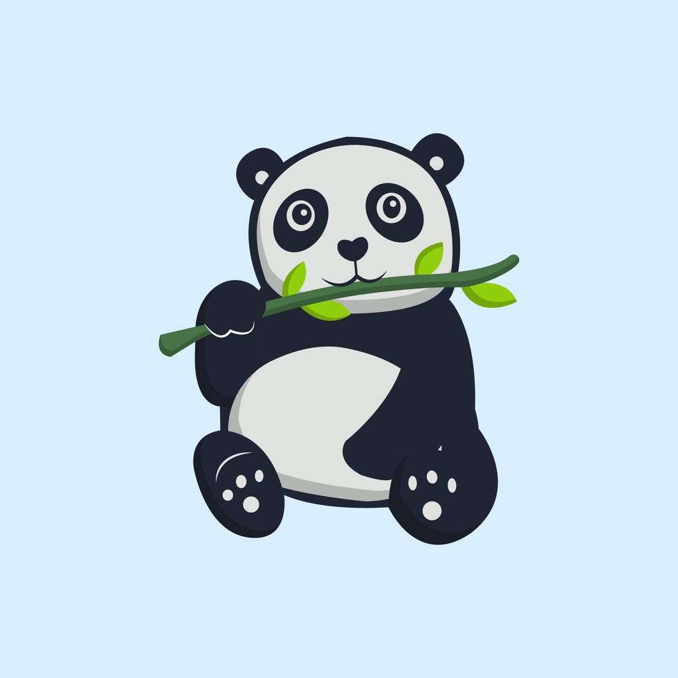 hand gezeichneter niedlicher panda, der flache bambusillustration hält oder isst vektor