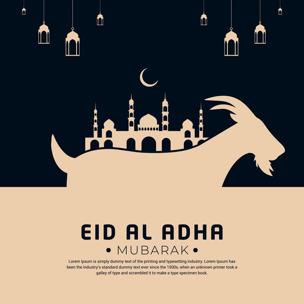 flaches eid al adha-design mit moschee, laterne und ziege. hintergrund des islamischen festivals mubarak vektor