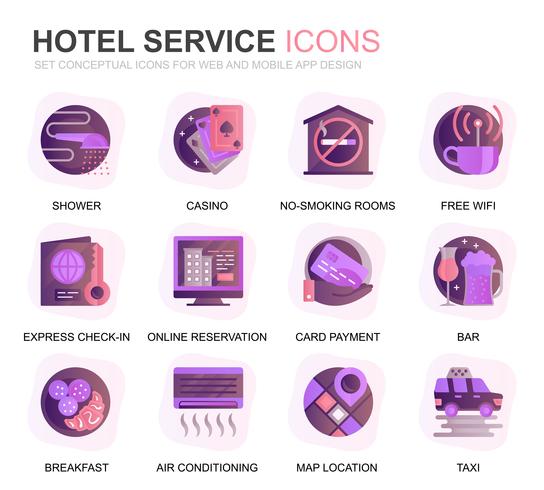 Modern Set Hotel Services Gradient Flat Ikoner för Webbsida och Mobila Apps. Innehåller sådana ikoner som bagage, mottagning, rumsservice, fitnesscenter. Konceptuell färg plattikon. Vektor piktogram pack.