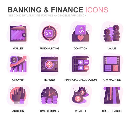 Modern Set Banking och Finance Gradient Flat Ikoner för webbplats och mobilappar. Innehåller sådana ikoner som balans, e-bank, auktion, finansiell tillväxt. Konceptuell färg plattikon. Vektor piktogram pack.