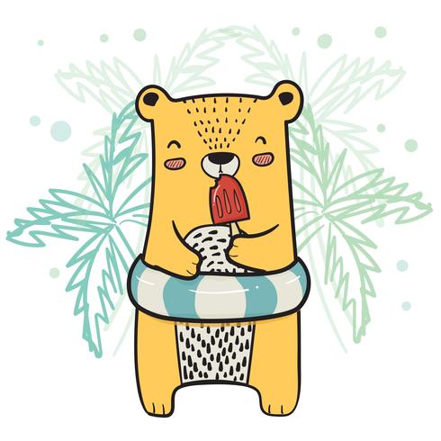 tecknad söt gul björn med livring med jordgubbe Popsicle Glass på sommartid vektor