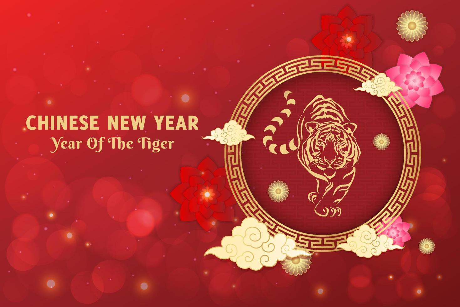 gott kinesiskt nytt år med glittrande ljus och glitter glödeffekt. kinesiska nyåret med tiger siluett. tigerns år vektor