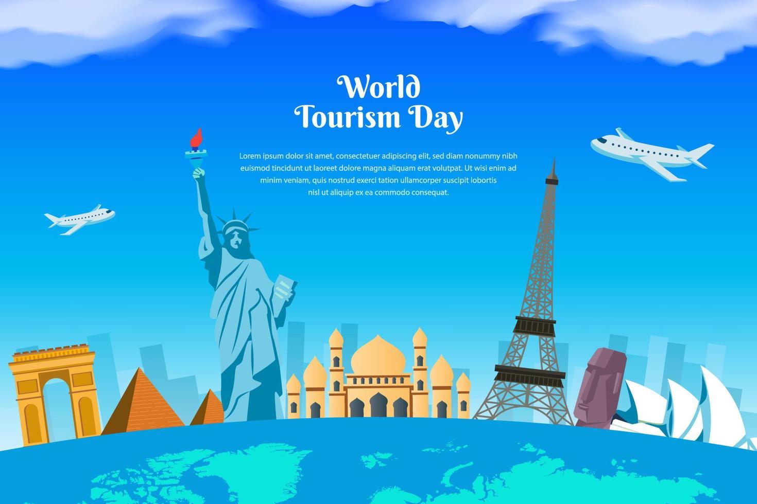 welttourismustag design mit berühmten wahrzeichen der welt. Freiheitsstatue, Eiffelturm, Taj Mahal, Pyramide, Opernhaus von Sydney, Arc de Triomphe, Denkmal, Moai-Statue vektor