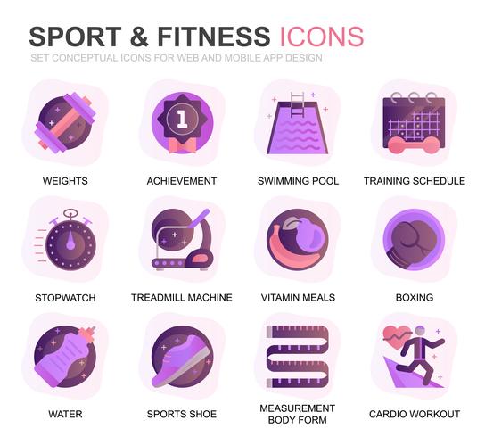 Modernes Set für Sport- und Fitness-Farbverlaufs-Icons für Website und Mobile Apps. Enthält Symbole wie Fit Body, Schwimmen, Fitness-App, Ergänzungen. Konzeptionelle Farbe flach Symbol. Vektor-Piktogramm-Pack vektor