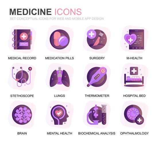 Modern Set Healthcare och Medicine Gradient Flat Ikoner för webbplats och mobilappar. Innehåller sådana ikoner som läkare, sjukhus, medicinsk utrustning. Konceptuell färg plattikon. Vektor piktogram pack.