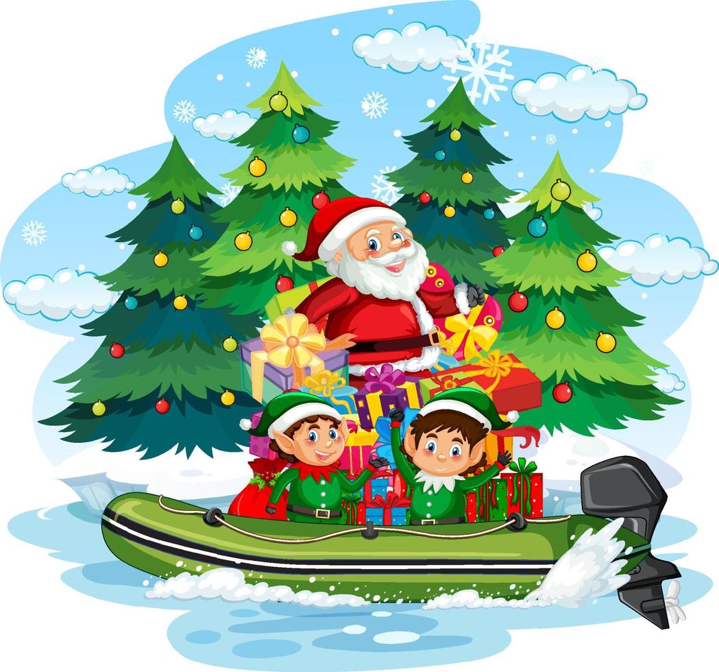 Weihnachtsmänner und Elfen liefern Geschenke mit dem Boot vektor