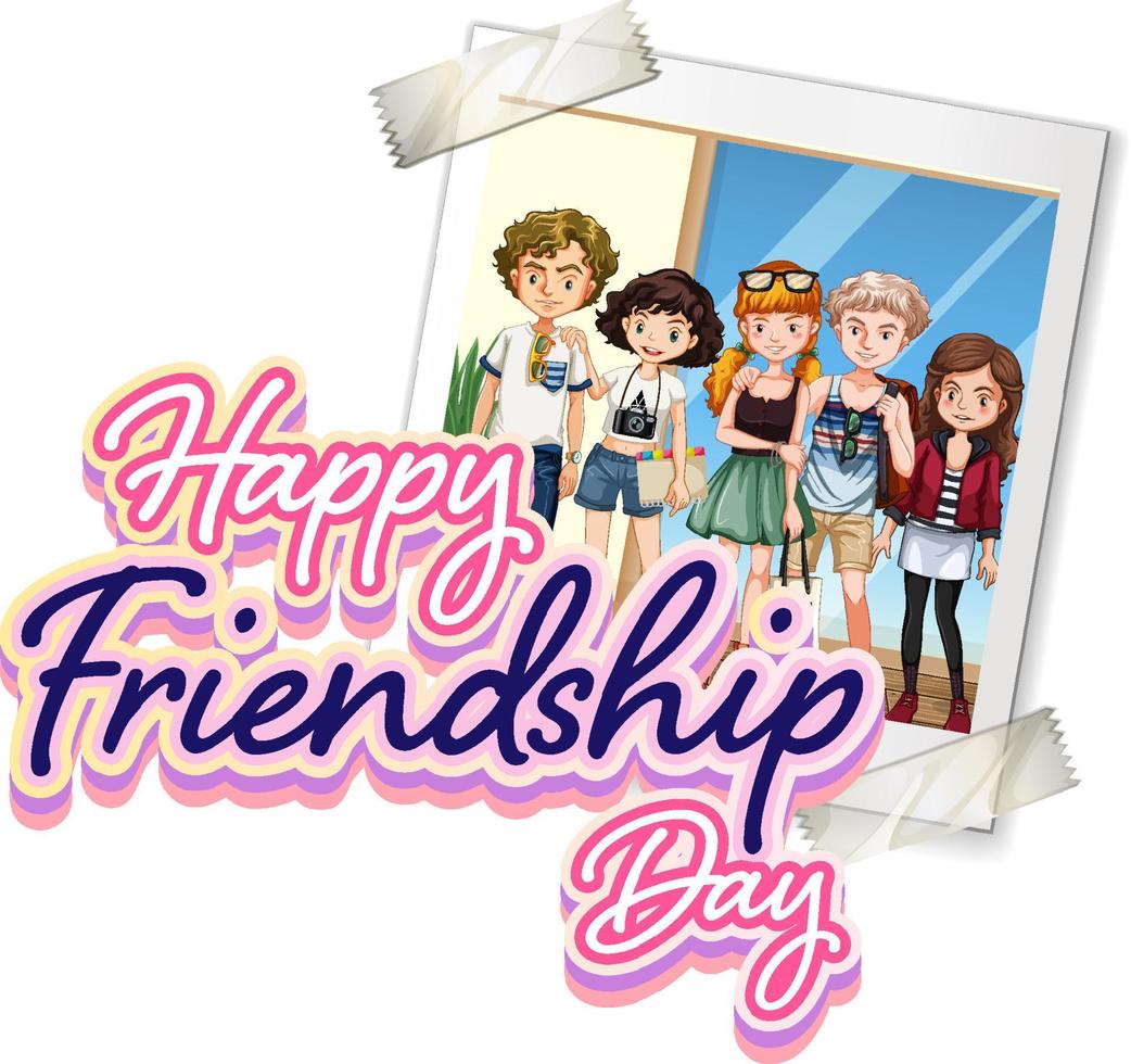 lycklig vänskapsdag-logotyp med ett foto av tonåringar vektor