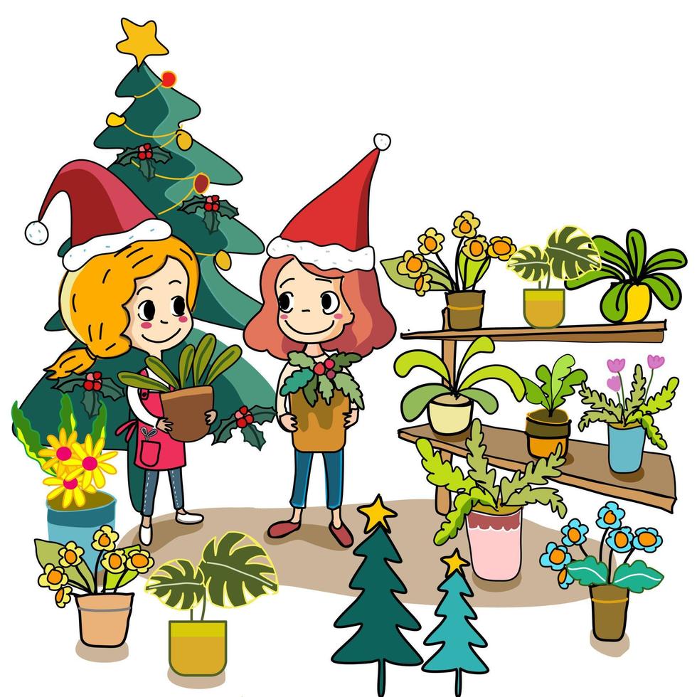neujahrskarte zwei mädchen mit weihnachtsmützen im pflanzenshop-karikaturvektor vektor