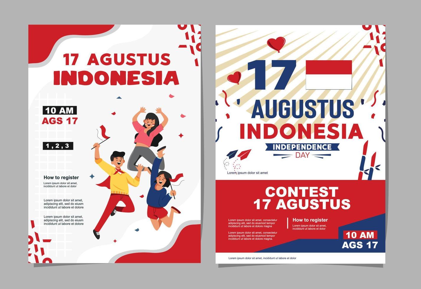 17. August. Geist des indonesischen Unabhängigkeitstages. 2 junge Menschen feiern den Unabhängigkeitstag, indem sie Fahnen tragen, ein Symbol für den Geist der Unabhängigkeit. Verwendung für Banner und Hintergründe vektor