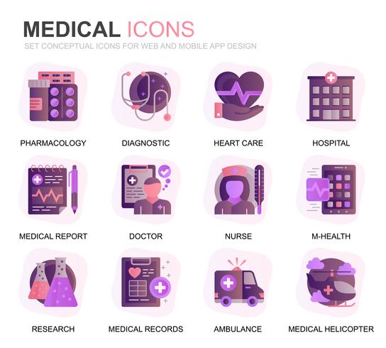Modern Set Healthcare och Medicinsk Gradient Flat Ikoner för webbplats och mobilappar. Innehåller sådana ikoner som ambulans, första hjälpen, forskning, sjukhus. Konceptuell färg plattikon. Vektor piktogram pack.