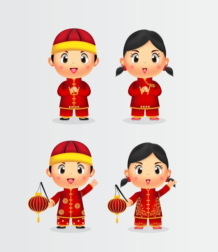 Sammlung chinesischer Kinder. frohes chinesisches neujahr mit ein paar kindern. chinesische Kinder mit Lampion. vektor