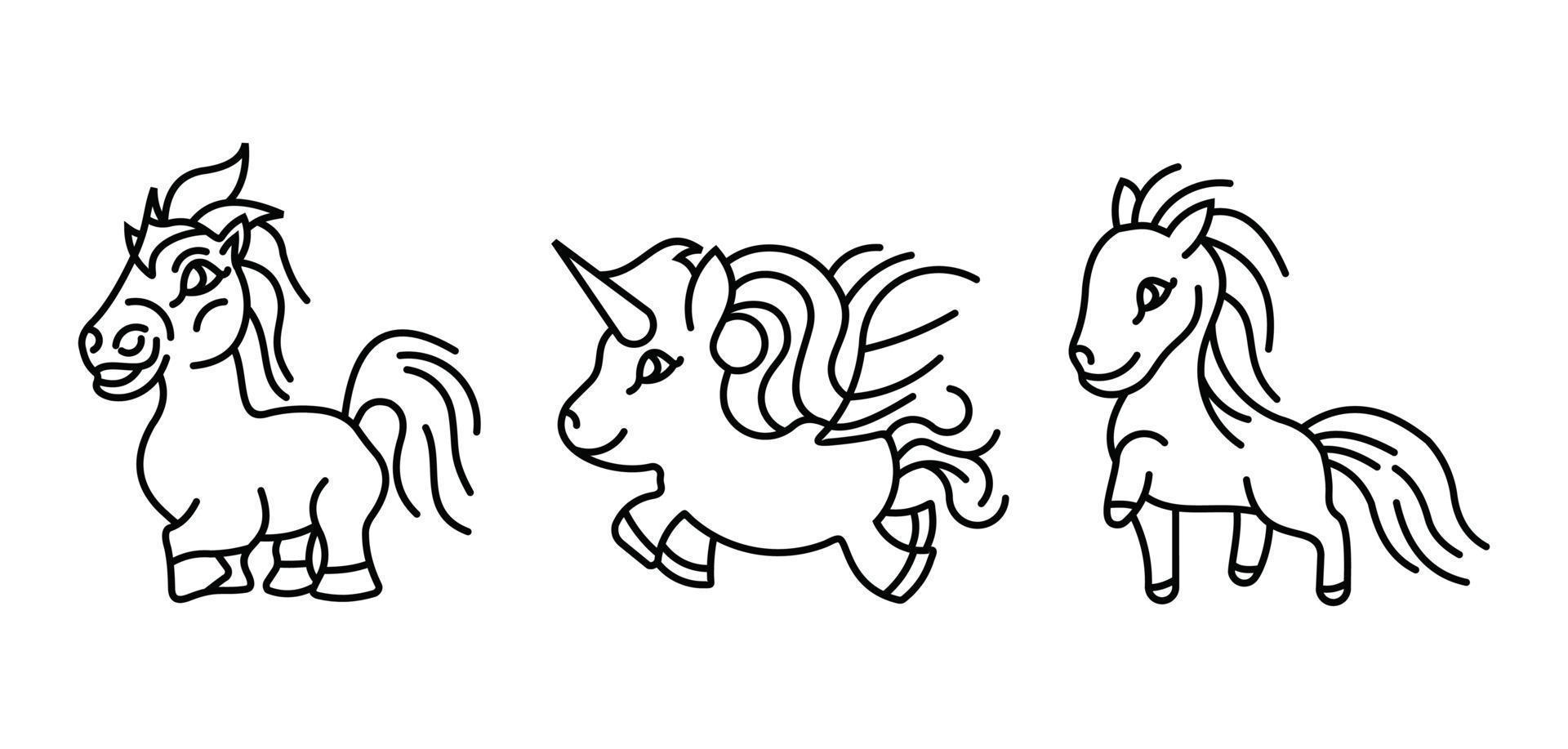 samling av söta tecknade enhörningar, liten söt tecknad ponnyuppsättning, konturhästar ikonuppsättning vektor