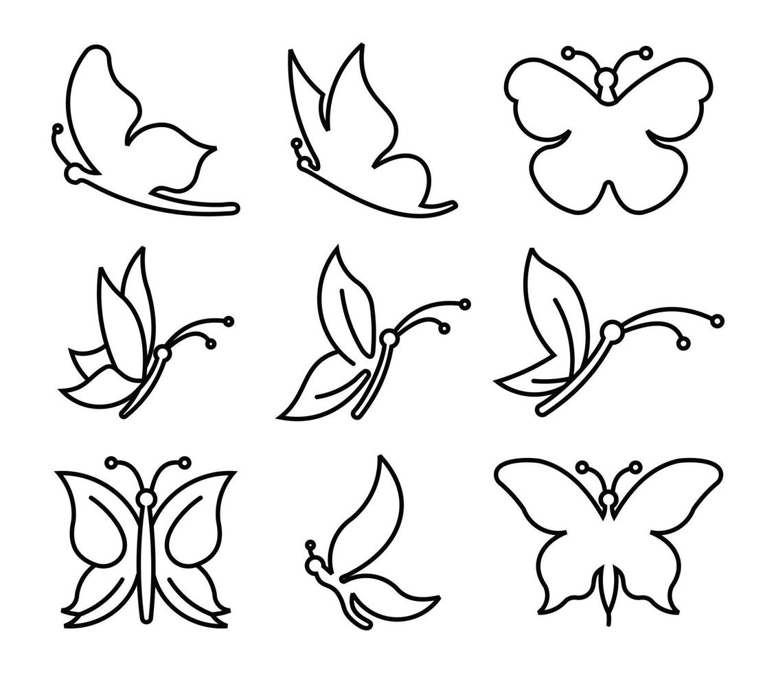fjäril ikon linje set, vacker natur flygande insekt exotiska fjärilar ikon logotyp set vektor