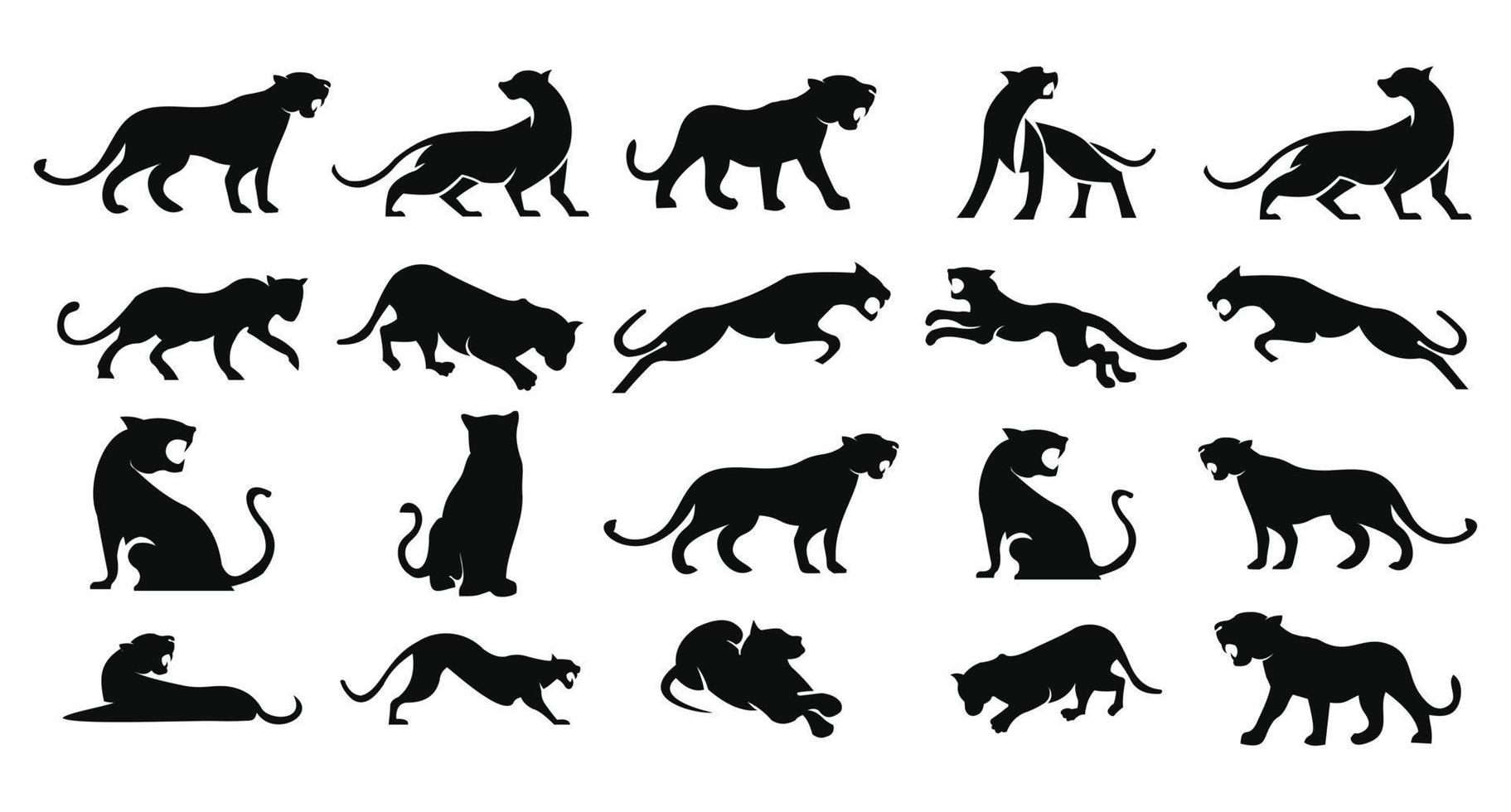 Leoparden, Puma, Panther und Tiger-Action-Silhouette. gute verwendung für symbol, logo, web-symbol, maskottchen, zeichen, aufkleber vektor