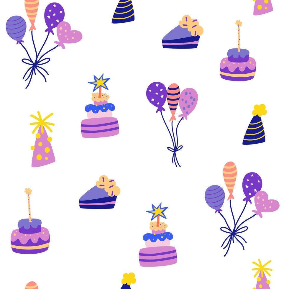 födelsedagstårta och ballonger seamless mönster. semester part element, ballong, tårta, ljus, hatt. bra för dekoration barnfest. bra för tyg, textil. tecknad vektorillustration vektor