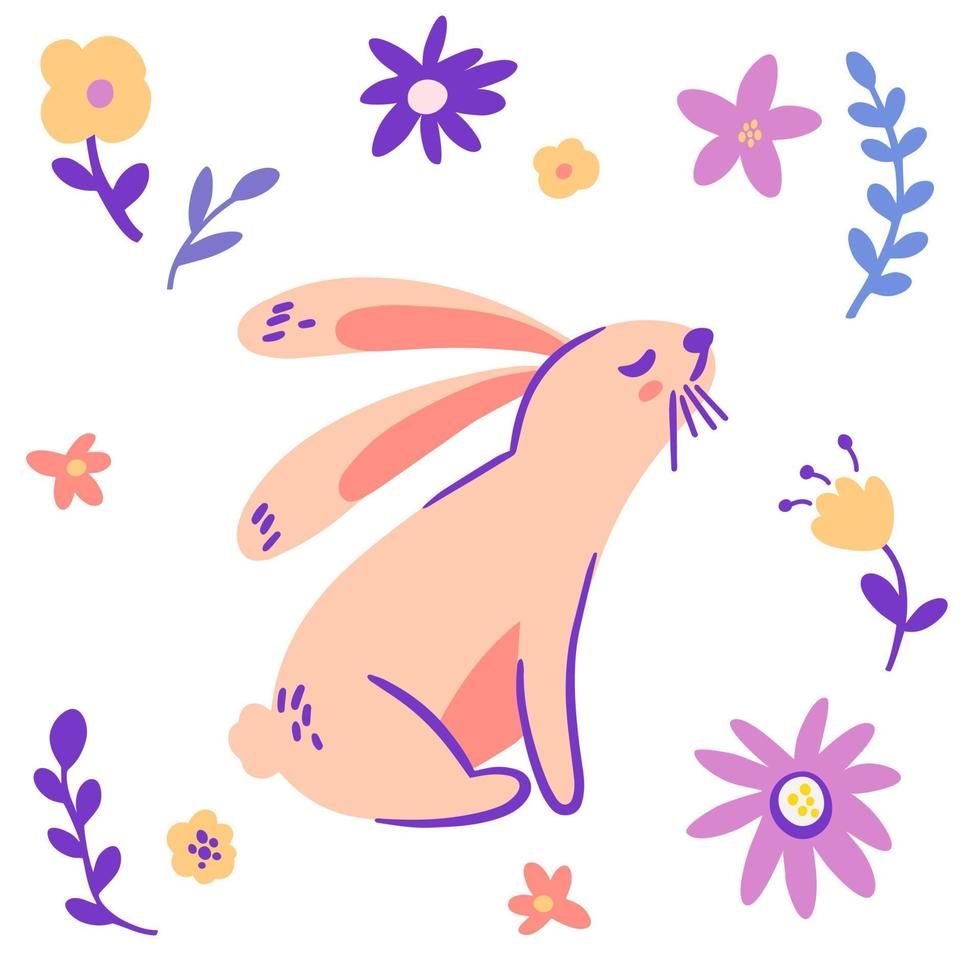 kaniner blommor. glad påsk. gratulationskort med kanin och blommig dekor. tecknad vektorillustration. vektor