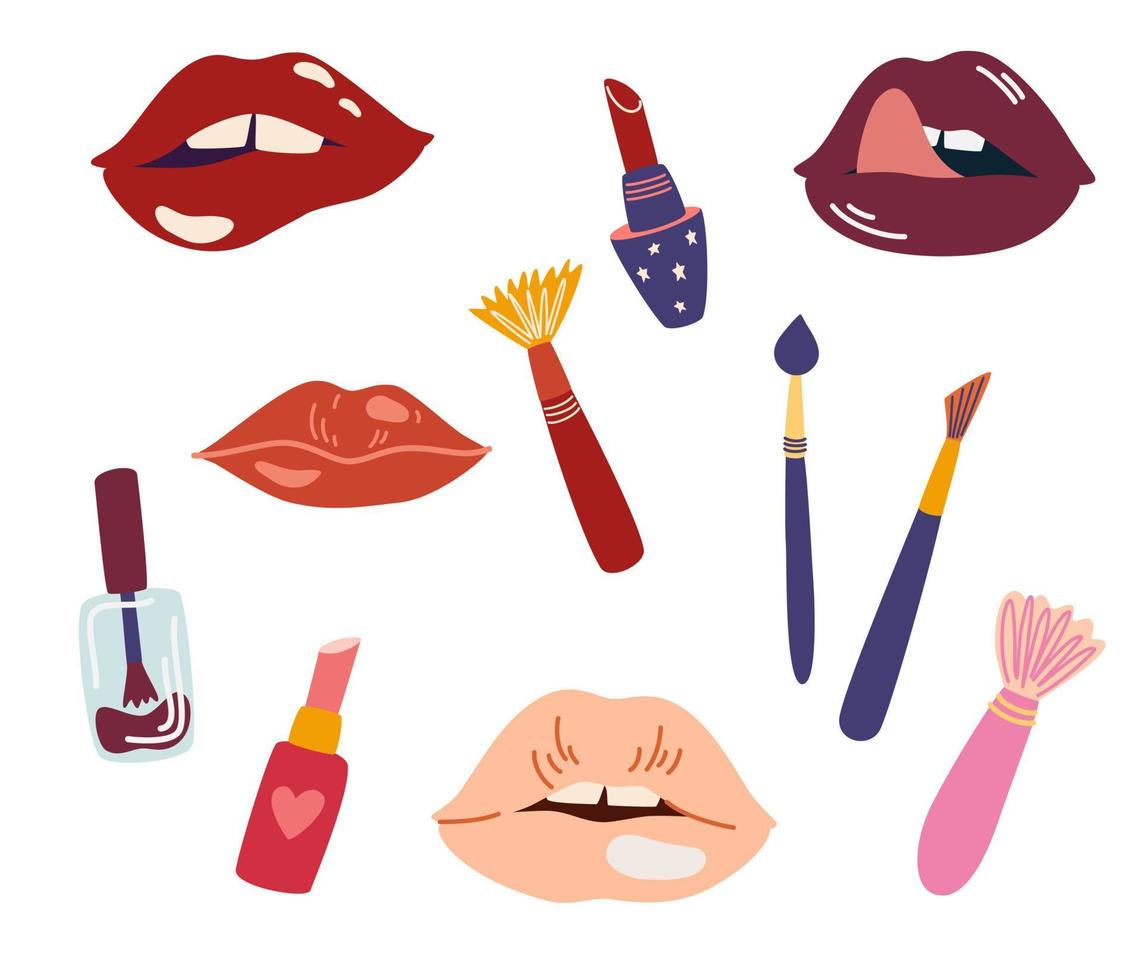 Kosmetikset für Frauen. Lippen, Nagellacke. Schminkpinsel, Lippenstifte. Beauty-Accessoires. Vektor-Cartoon-Illustration. vektor