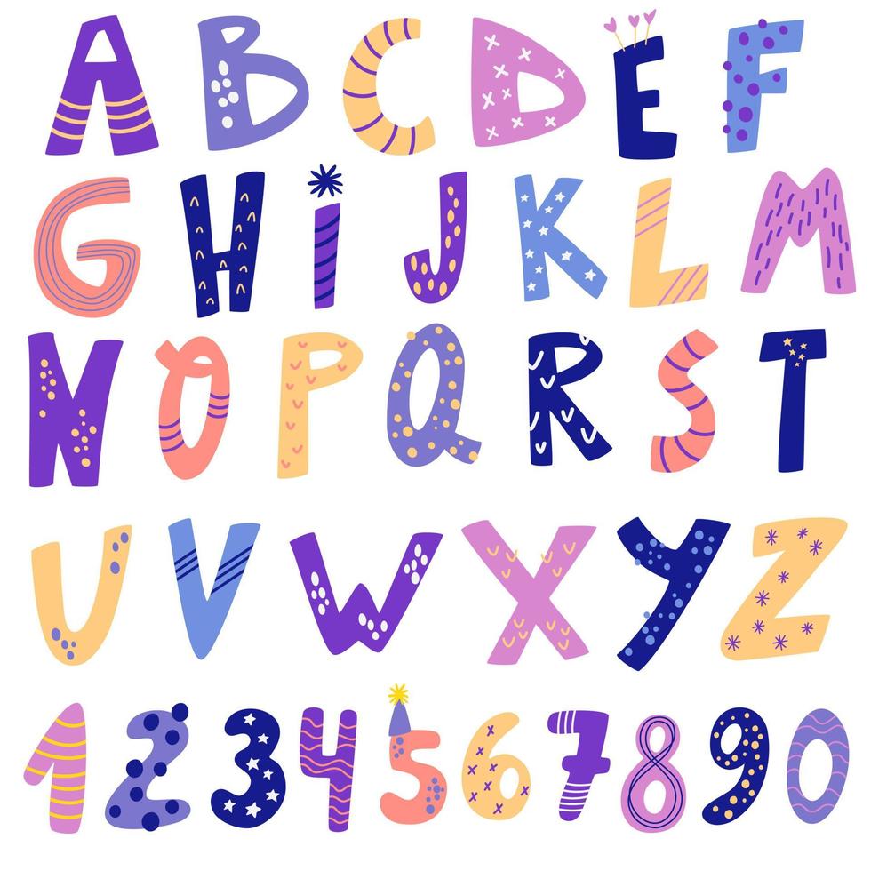 alfabet och siffror i tecknad stil. ljus modern illustration för barn, födelsedag, barnrum, affisch, vykort, födelsedag, förpackningspappersdesign, barn-t-shirts. vektor illustration.