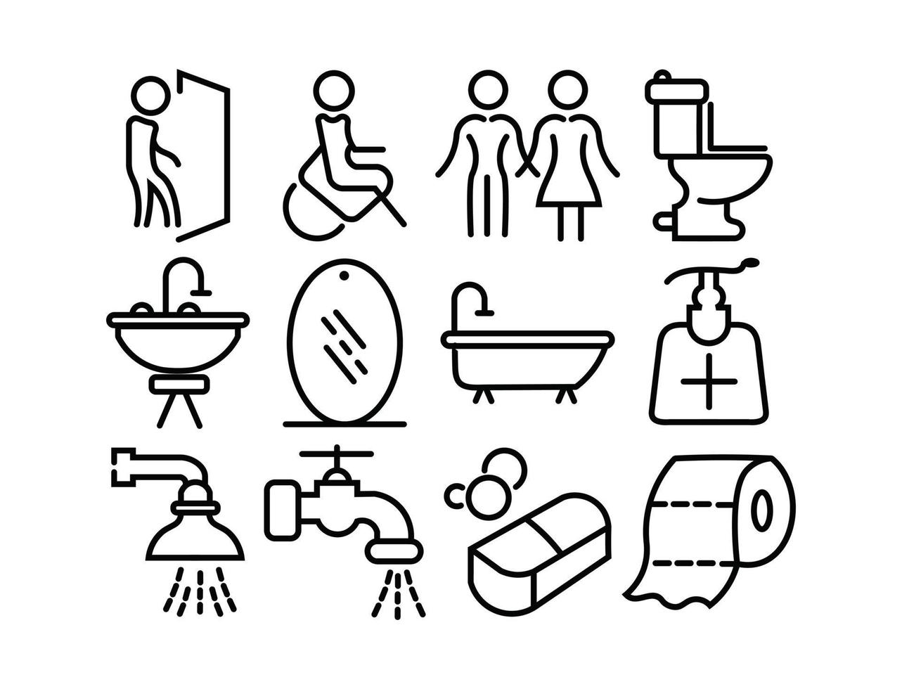 Bad Umriss Symbole gesetzt, Logo Vektor Waschraum Liniensymbole Toilette