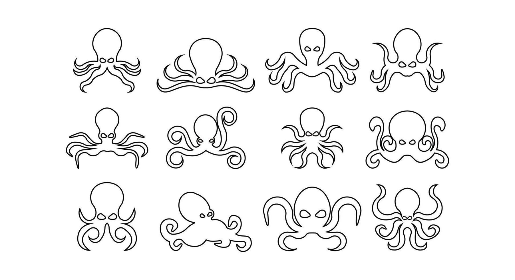 uppsättning av skaldjur bläckfisk ikoner, bläckfisk linje ikon isolerad på vit bakgrund. vektor