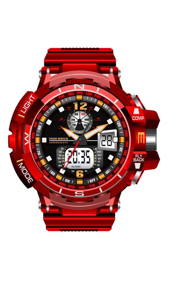realistisk röd klocka klocka sport kronograf digital för män design modern på vit bakgrund vektor