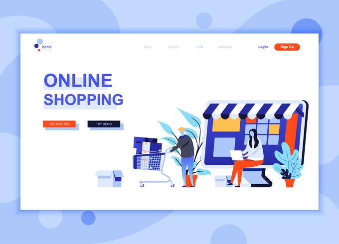 Modern platt webbdesign mall koncept för Online Shopping dekorerade människor karaktär för webbplats och mobil webbutveckling. Platt målsida mall. Vektor illustration.