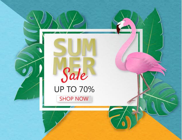 Kreativ illustration sommarförsäljningsbanner med flamingo och tropiska lövbakgrund. vektor