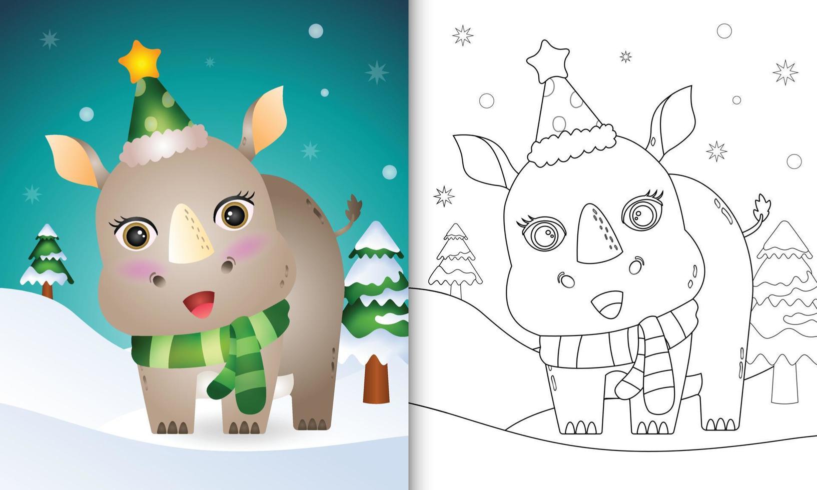 målarbok med en söt noshörning jul karaktärer samling med en hatt och halsduk vektor