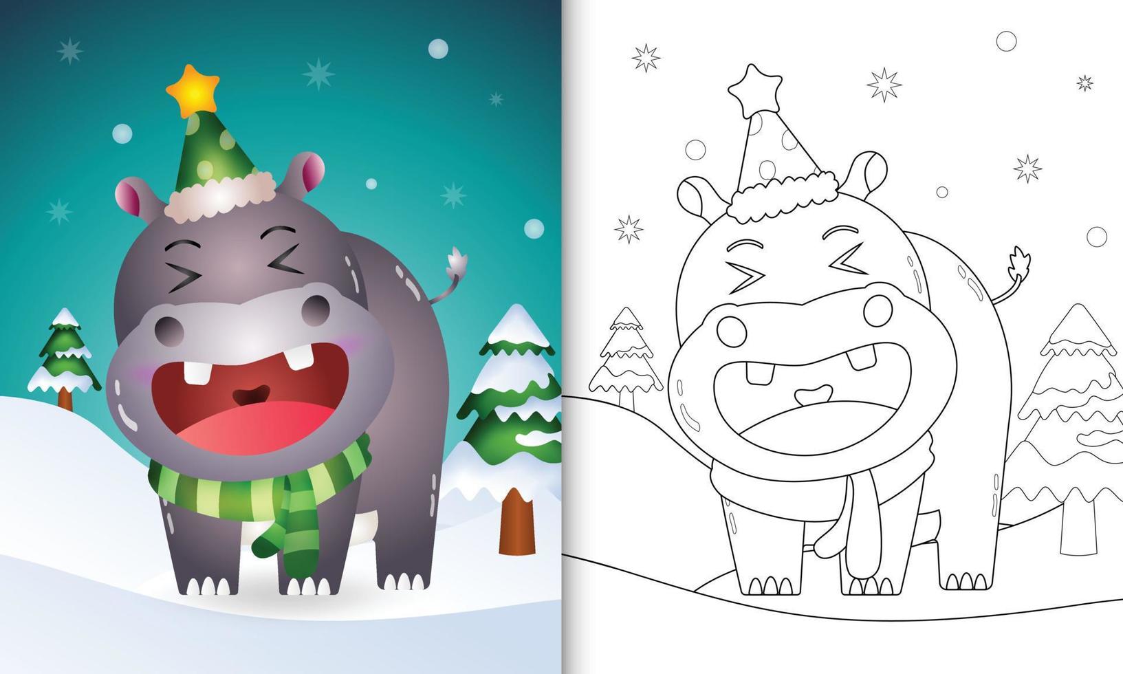 målarbok med en söt flodhäst jul karaktärer samling med en hatt och halsduk vektor