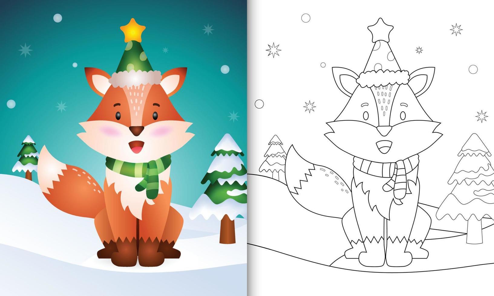 målarbok med en söt räv jul karaktärer samling med en hatt och halsduk vektor