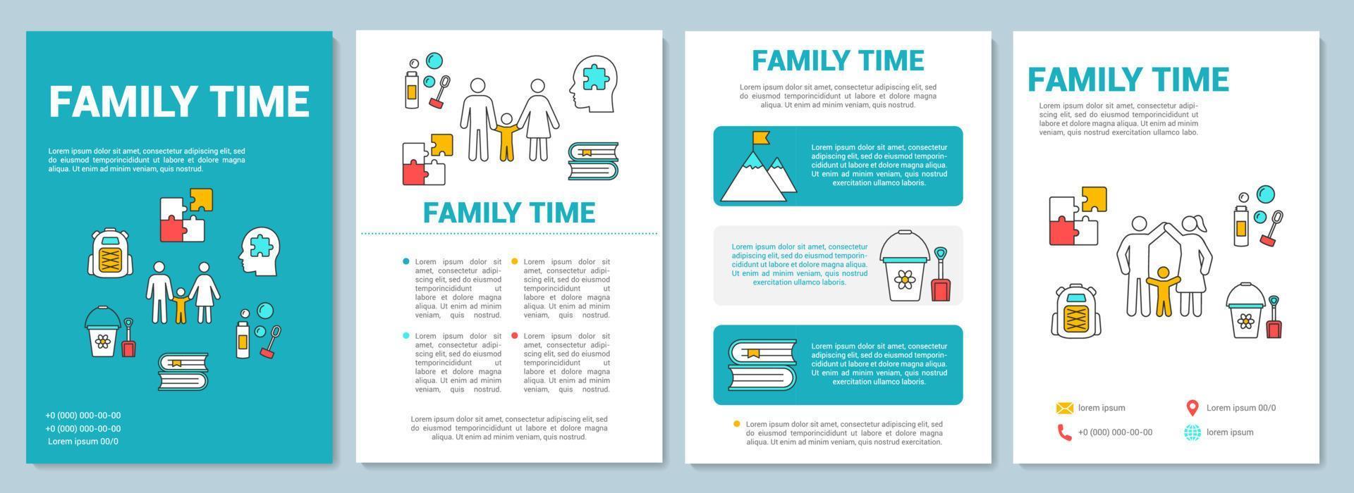 Familienzeitbroschüren-Vorlagenlayout. Kinderspiele. Spaziergang im Park. flyer, broschüre, broschürendruckdesign mit linearen illustrationen. Vektorseitenlayouts für Zeitschriften, Geschäftsberichte, Werbeplakate vektor