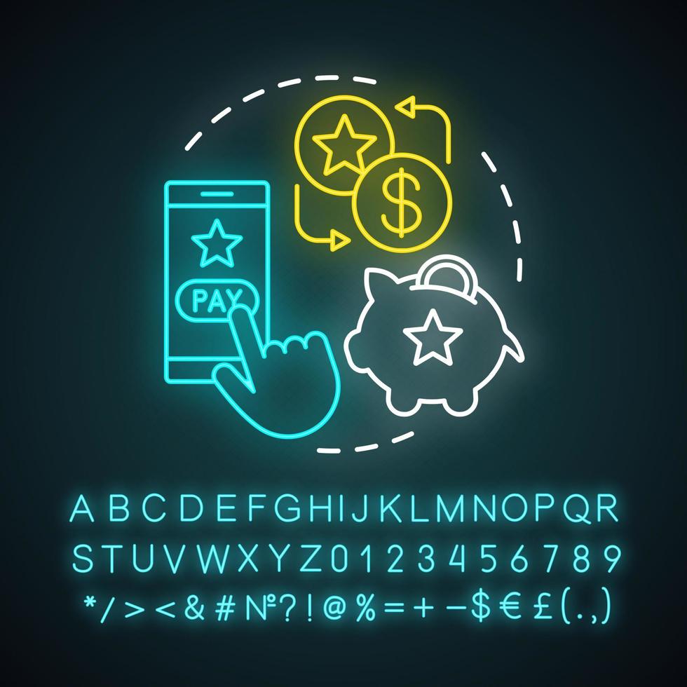 einlösbares Punkte-Konzept Neonlicht-Symbol. Cashback, Prämien einlösen. Kundenbindungsprogramm. Einkaufsbelohnungspunkte. leuchtendes zeichen mit alphabet, zahlen und symbolen. vektor isolierte illustration