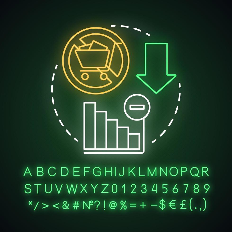 noll avfall livsstil, avfallshantering, minska konsumtion neon ljus koncept ikon. lägre försäljnings- och shoppingbudgetar idé. glödande tecken med alfabet, siffror och symboler. vektor isolerade illustration