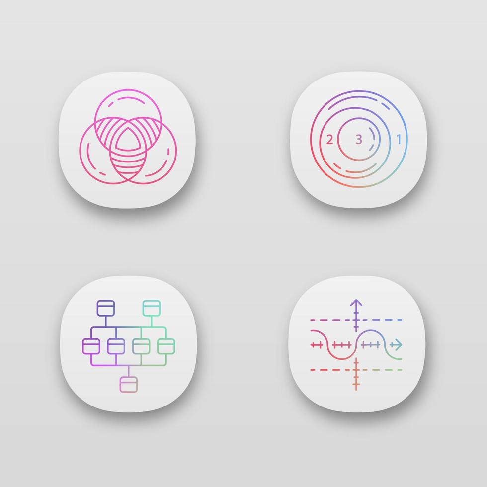 Diagramme App-Symbole festgelegt. statistische Analyse. Marketinganalyse. ui ux-benutzeroberfläche. Web- oder mobile Anwendungen. ui ux-benutzeroberfläche. Web- oder mobile Anwendungen. Vektor isolierte Illustrationen