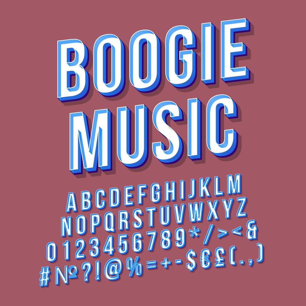 boogie musik vintage 3d vektor bokstäver. retro fet stil, typsnitt. popkonst stiliserad text. gamla skolan stil bokstäver, siffror, symboler, element pack. 90-, 80-talsaffisch, banderoll. redwood färg bakgrund