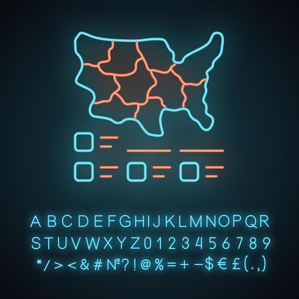 neonljusikon. diagram. usa karta med statistik. datavisualisering. geografiska skillnader grafisk rapport. glödande tecken med alfabet, siffror och symboler. vektor isolerade illustration