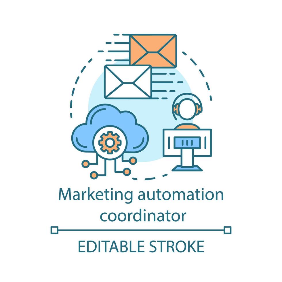 Symbol für das Konzept des Marketingautomatisierungskoordinators. Digital Marketing Spezialität Idee dünne Linie Illustration. automatisierte Geschäftskampagne. massen Versendung. Vektor isoliert Umrisszeichnung. editierbarer Strich