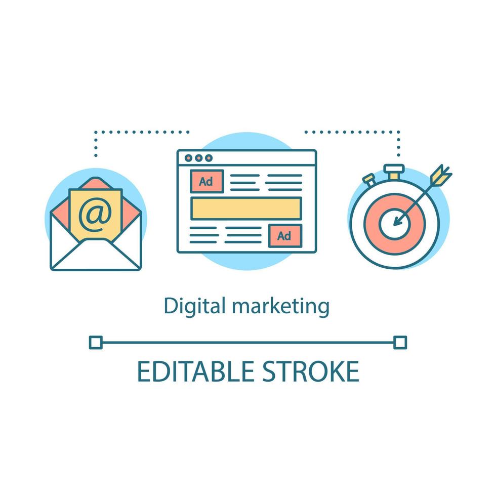 digital marknadsföring koncept ikon. inriktning på annonser, teknik, affärsidé tunn linje illustration. sökmotorer, webbplatser, sociala medier, e-post. vektor isolerade konturritning. redigerbar linje