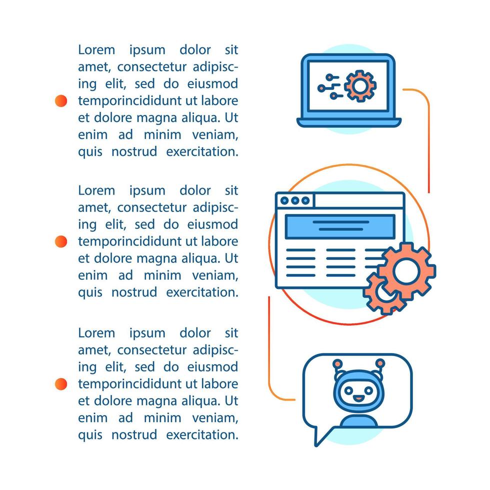 automation och programvara verktyg artikel sida vektor mall. annonser, seo. broschyr, tidning, häfte designelement med linjära ikoner och textrutor. tryckdesign. konceptillustrationer med textutrymme