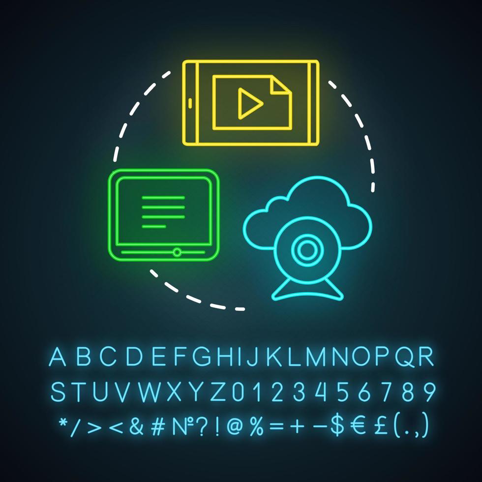 Symbol für kurzes Video-Neonlicht. Bewusstseinsinhalt.Digitales Marketing. visuelle Medien. Rundfunk, Player, Bloggen, Streaming. leuchtendes zeichen mit alphabet, zahlen und symbolen. vektor isolierte illustration