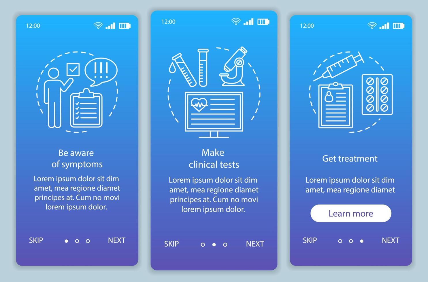 medicinsk screening onboarding mobil app sida skärm vektor mall. göra tester, få behandling. genomgång av webbplatssteg med linjära illustrationer. ux, ui, gui smartphone gränssnitt koncept