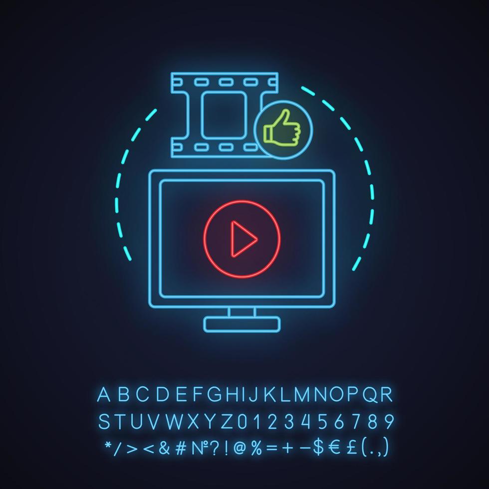 videoinnehåll neonljus konceptikon. vlogging idé. innehåll positiv feedback. videoproduktion. glödande tecken med alfabet, siffror och symboler. vektor isolerade illustration